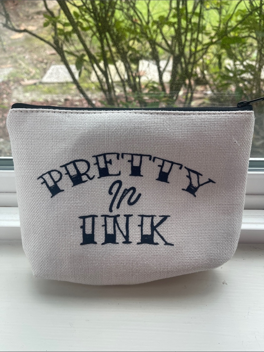 Pretty In Ink Canvas Zipper Pouch - White with Black Text